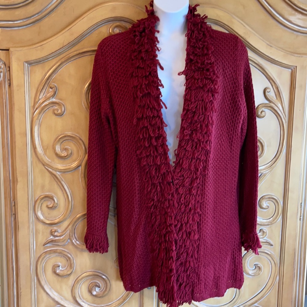 Venue burgundy fringed sweater jacket